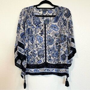 Democracy Blue and Black Floral Patterned Oversized Top w/Bell Sleeves Size S